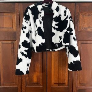 Cow print faux fur jacket